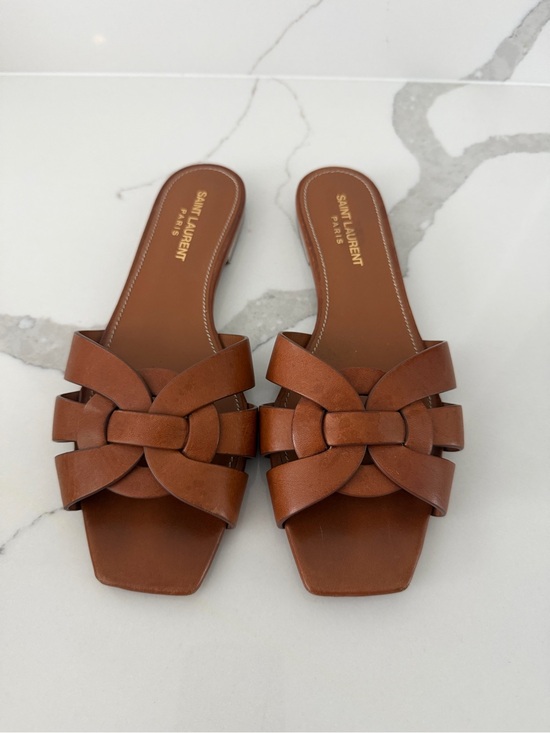 Saint Laurent Shoes - Saint Laurent Tan Leather Braided Slide Sandals